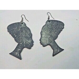 African Queen Nefertiti Dangle Earrings Wood Silhouette Afrocentric Statement...